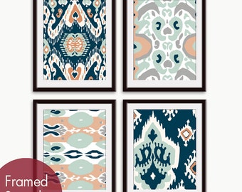 Ikat and Geometric Patterns (Series K4) Set of 4 - Art Prints (Featured in Navy, Tuscan Glow and Silver Sage ) Modern Vintage Home Decor