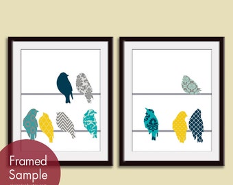 Vintage Pattern Birds on a Wire (A) - Set of 2 - Art Prints (Featured in Assorted Colors) Vintage Modern Decor