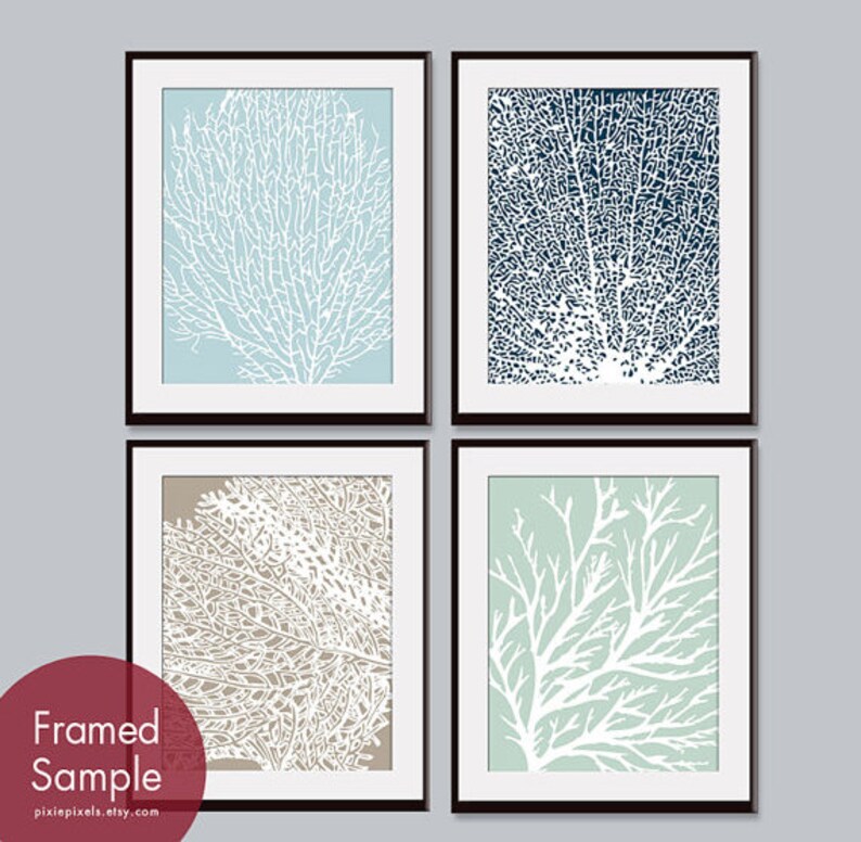 Underwater Sea Coral Collection Series C Set of 4 Art Prints Featured in Glacier Blue, Navy, Truffle Brown and Silver Sage image 1