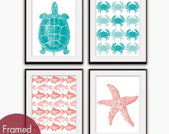 Aquatic Marine Life (Series A) Set of 4 - Art Prints (Featured in Ocean, Paris Blue, Coral Rose and Sherbert) Nautical Art Prints / Posters