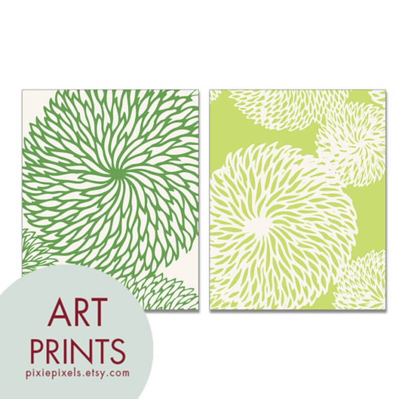 Modern Chrysantemum Flowers Series C Set of 2 Art Prints Featured in Apple and Kiwi and Soft Cream Customized Colors image 2