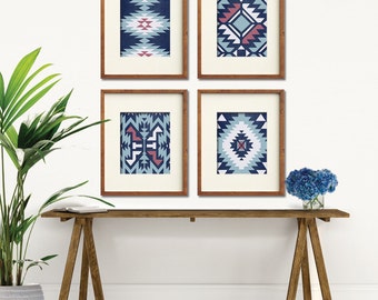 Navajo Indian inspired Geometric Patterns (Series C4) Set of 4 Art Prints (Featured in Distressed China Blue Silk, Pale Blue and Raspberry)