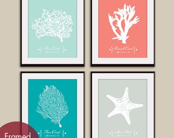 Underwater Sea Coral Collection  (Series A) Set of 4 - Art Print (Featured in Duck Egg, Coral Rose, Ocean Blue and Fog Grey)