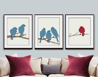 Birds on a Branch Series - Set of 3 - Art Prints (En vedette en lin bleu et rouge brique) Couleurs personnalisables modernes