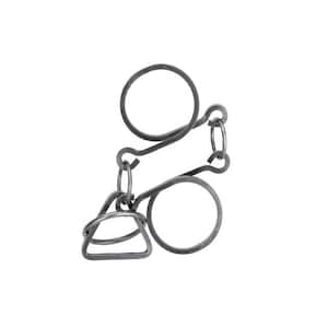 May include: A silver metal puzzle with multiple interlocking rings and loops. The puzzle is made of a single piece of metal and is designed to be challenging to separate.
