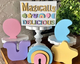 Magically Delicious wood Marshmallows, tiered tray decor, party decorations