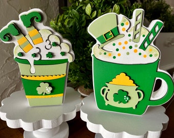 Shamrock Shake and Lucky Latte wood tiered tray decor