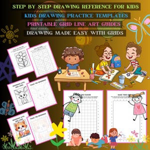 Printable grid line art guides / Step by step drawing reference for kids / Kids drawing practice templates / Drawing made easy with grids