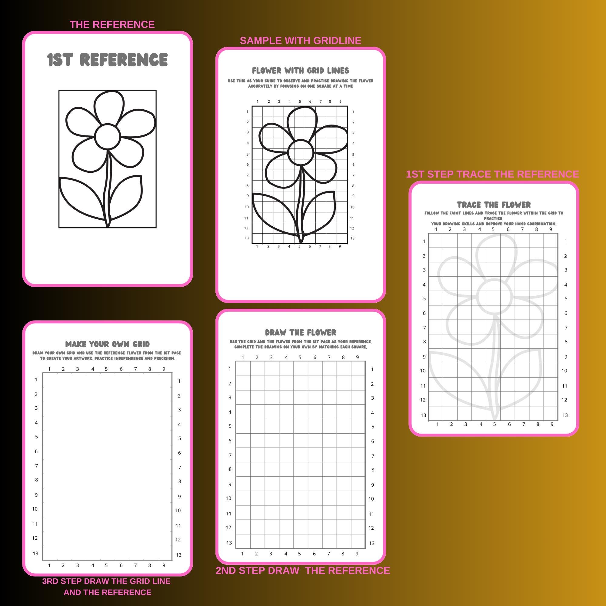 Printable Grid Line Art Guides / Step by Step Drawing Reference for ...