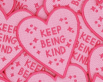 Keep Being Kind Embroidered Iron On Patch | Mental Health Encouragement Pink Heart | Jess Rachel Sharp