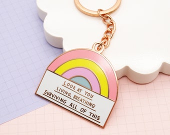 SECONDS Rainbow Enamel Key Ring Supportive Encouraging Mental Health Reminder Keychain Gift by Jess Rachel Sharp