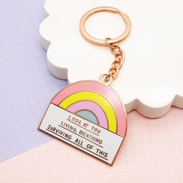 SECONDS Rainbow Enamel Key Ring Supportive Encouraging Mental Health Reminder Keychain Gift by Jess Rachel Sharp