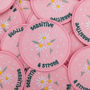 Sensitive and Strong Embroidered Iron On Patch | Mental Health Encouragement Floral Pink | Jess Rachel Sharp