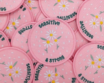 Sensitive and Strong Embroidered Iron On Patch | Mental Health Encouragement Floral Pink | Jess Rachel Sharp