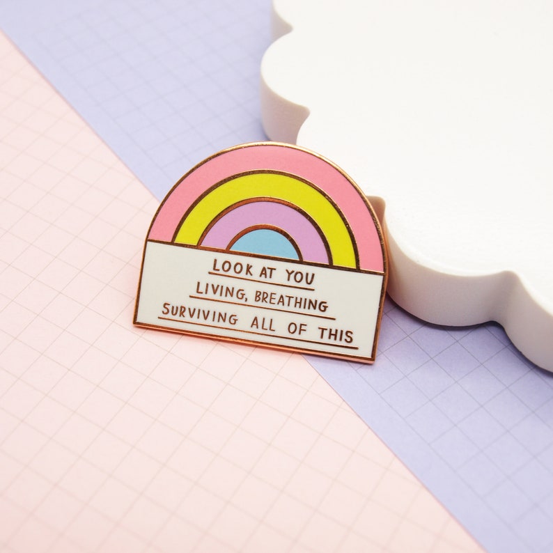 Living Breathing Surviving Rainbow Enamel Pin Badge Support Mental Health Positive Reminders Jess Rachel Sharp image 2
