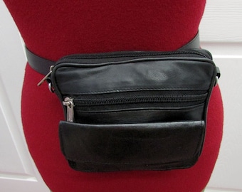 Close Out--NOS 2-in-1 Black Leather Waist Belt Bag, Cross Body Bag, Hand Free Hip Bag, Fanny Pack, Festival Pouch, Long Removable Strap