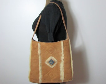 Handmade Soft Brown Suede Sheepskin Fur Shoulder Bag Purse Tote Satchel Handbag