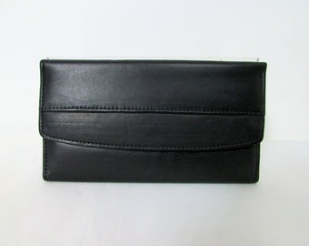Cartera de chequera de cuero NOS, cartera de mano de cuero genuino negro - Cartera de chequera, tarjetas de crédito, identificación, moneda, monedero