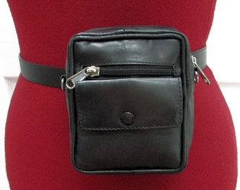 Close Out--NOS 2-in-1 Black Leather Waist Belt Bag, Cross Body Bag, Hand Free Hip Bag, Fanny Pack, Festival Pouch, Long Removable Strap