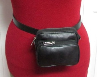 Close Out-- NOS 2-in-1 Black Leather Zip Top Waist Belt Bag, Cross Body Bag, Hand Free Hip Bag, Fanny Pack, Pouch, Long Removable Strap