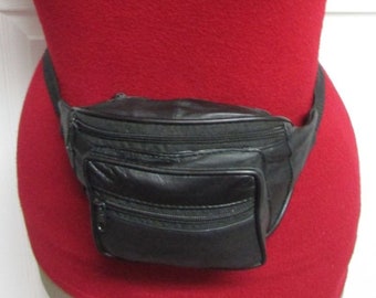 Close Out--NOS Black Leather Waist Belt Bag, Fanny Pack, Hand Free Bag, Bum Bag, Hip Bag, Leather Waist Pouch, Change Purse, Leather Bag