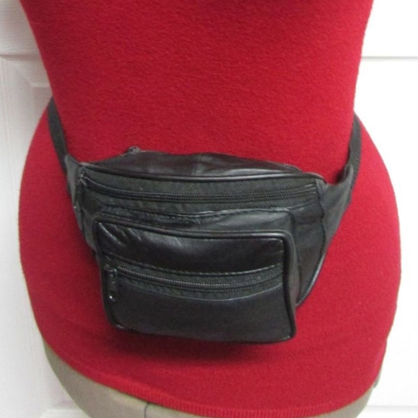 Close Out--NOS Black Leather Waist Belt Bag, Fanny Pack, Hand Free Bag, Bum Bag, Hip Bag, Leather Waist Pouch, Change Purse, Leather Bag
