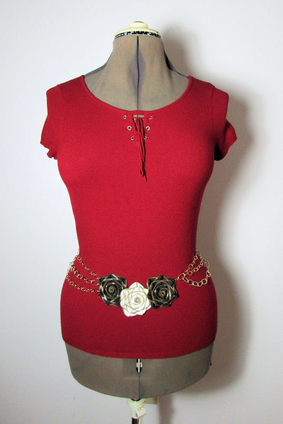 Handmade Triple Roses Belt, Size S/M, Roses Fabri… - image 2