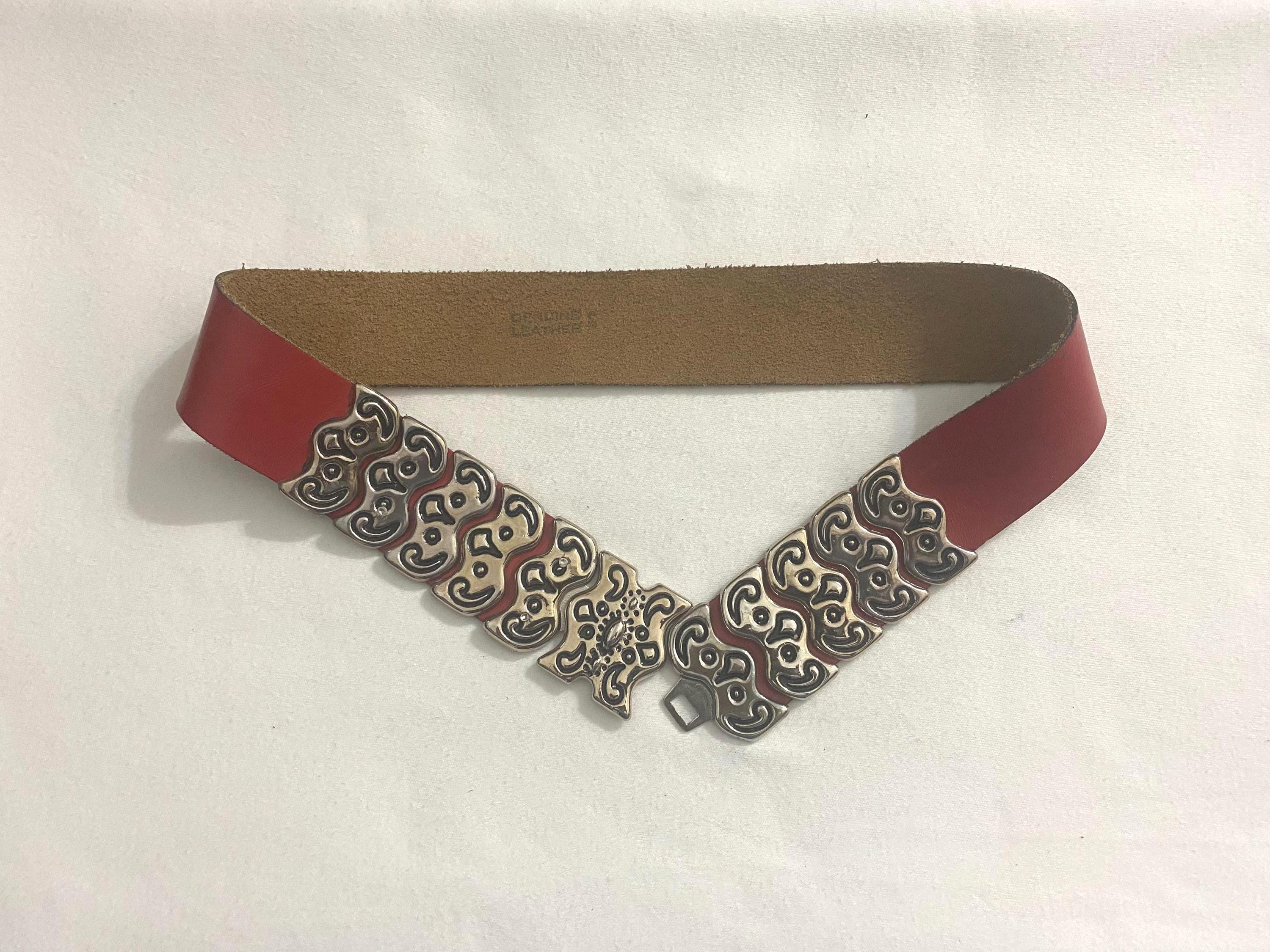 Vintage Western Concho Belt Red & Green Leather Discs Silver Floral Tooled Buckl concho western belts - TikTok Shop main image 4