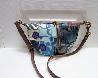 Coach Blue Floral Appliqué Denim Jacquard Small Size Crossbody Shoulder Handbag Purse with Hangtag