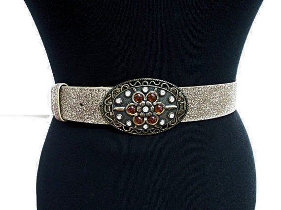 Gold Genuine Leather Belt, Big Ornate Faux Rhines… - image 2