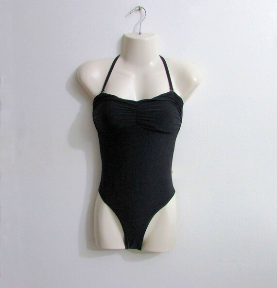 NOS Harrods Black One Piece Swimsuit, Halter Swims
