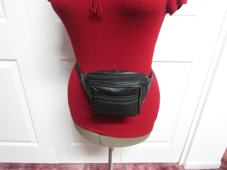 Vintage NOS Black Leather Waist Belt Bag Leather Hand Free Bag Leather Fanny Pack Leather Festival Bag