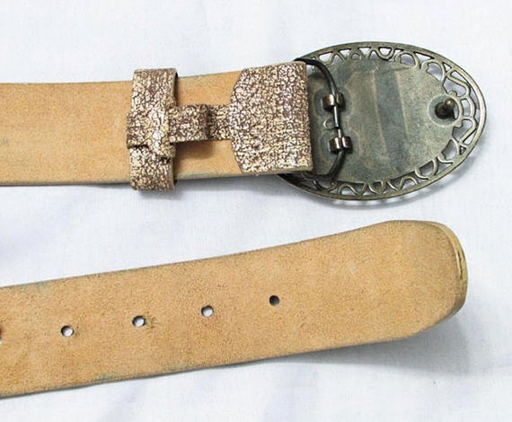 Gold Genuine Leather Belt, Big Ornate Faux Rhines… - image 5