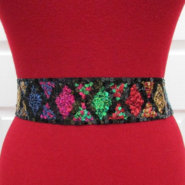 1980s Handmade Multi Colors Sequins Wide Belt XS--25"