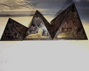 3 Egyptian Pyramids Etched Brass Sphinx Pharaoh House Decorations