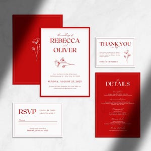 "Elegantes rotes Hochzeitseinladungs-Vorlagen-Set, Komplett-Set mit Antwortkarten, Antwortkarte und ""Dankeschön"", moderne Vintage-Klassik-Details."