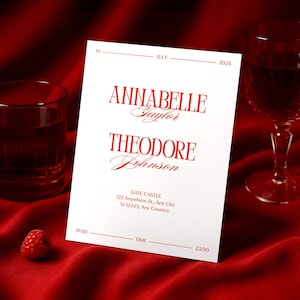 Convite de casamento vermelho luxuoso, convite com estilo antigo, modelo elegante e moderno do Canva, cartão de reserva de data, fontes de caligrafia e serifadas