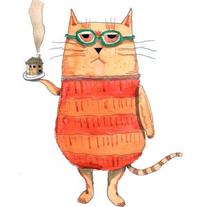 Peut inclure: Une illustration à l'aquarelle d'un chat tigré orange portant des lunettes à monture verte et un pull rayé rouge et orange. Le chat tient une petite assiette avec une minuscule maison brune dégageant un filet de fumée sur fond blanc.