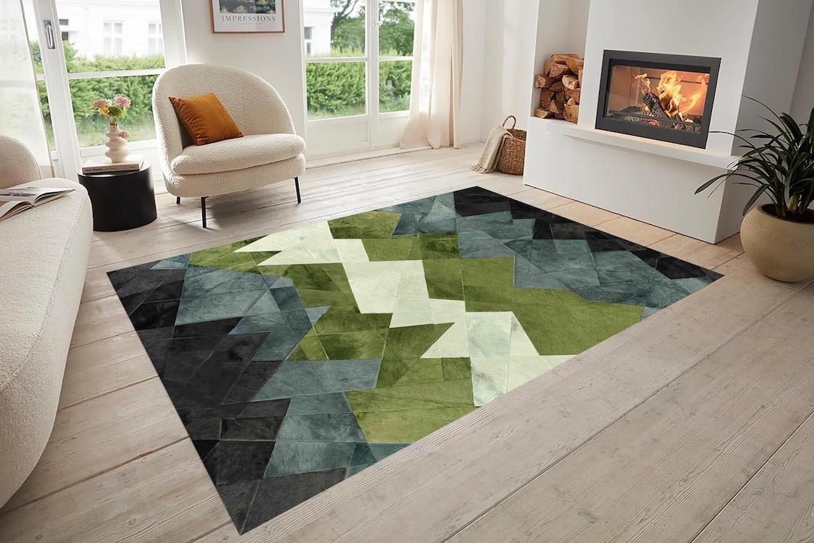 Moss Green Area Rug: Modern Geometric Design, Custom Size - Etsy