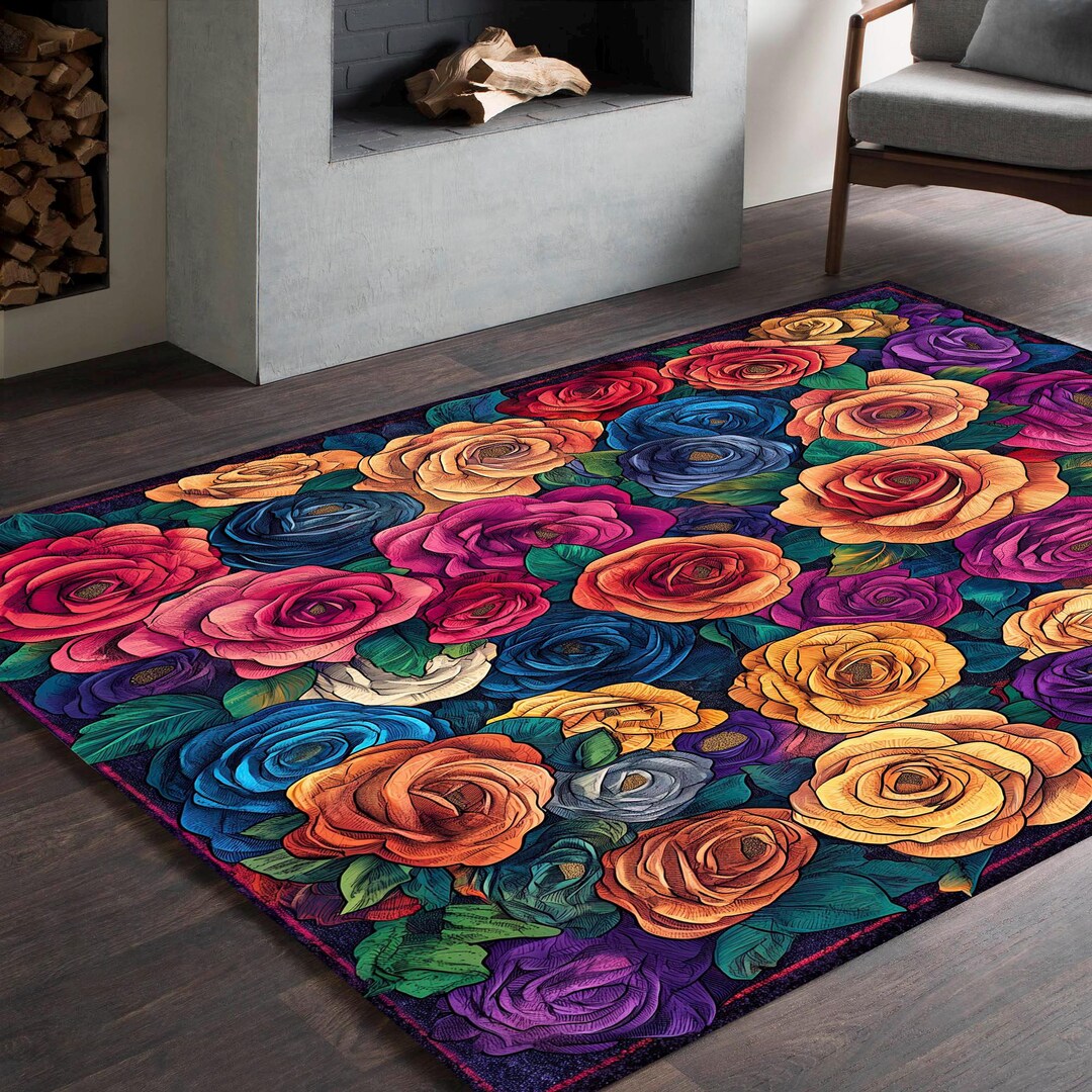 Colorful Floral Area Rug, Large Rose Print Rug, Bold Living Room Carpet ...