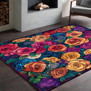 Eleganter Rosenteppich, Waschbarer Teppich, Rutschfest, Ästhetischer Teppich, Floraler Teppich, Buntes Blumenmuster, Klassisches Wohndekor, Geschenk für Sie