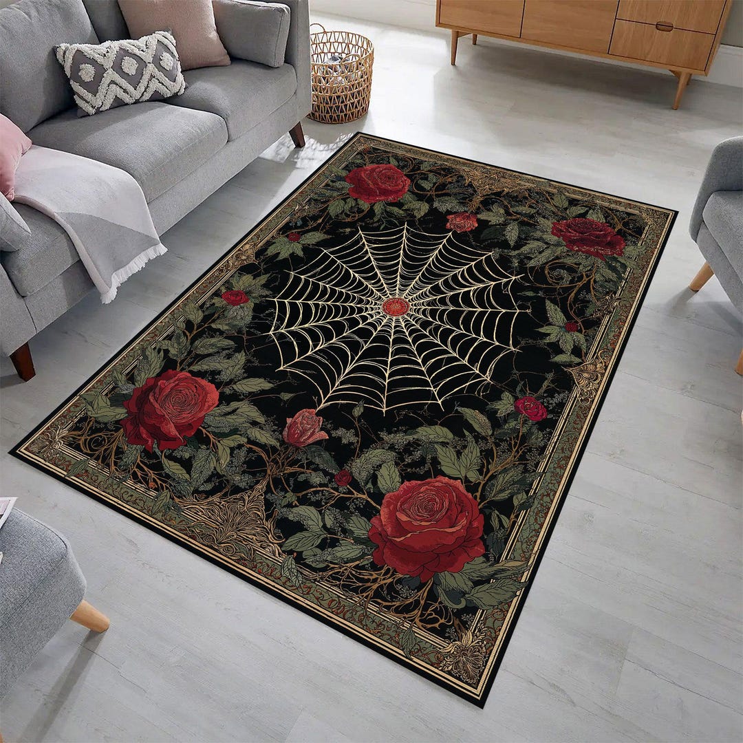 Gothic Spider Web Rug, Dark Rose Botanical Area Rug, Witchy Gothic ...