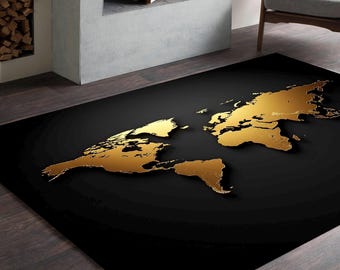 Golden World Map Rug: Geography Home Decor
