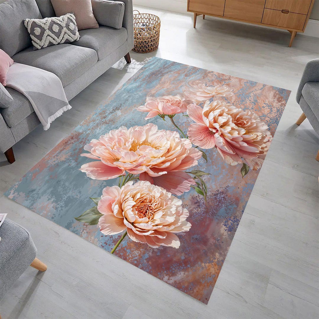 Peony Floral Rug, Pastel Flower Area Rug, Romantic Cottagecore Rug ...