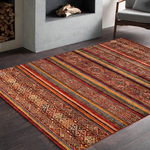 Brown Red Kilim Style Rug, Antique Look Teppich, Washable Non-Slip Kilim Area Rug, Turkish Distressed Large Rug 8x10, Rugs for Living Room