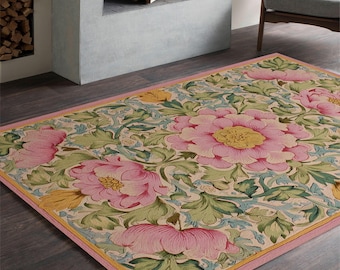 Pink Floral Rug with Decorative Border – Vintage Style Botanical Carpet for Living Room Decor