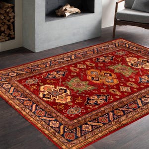 Red Kilim Style Rug, Antique Look Teppich, Washable Non-Slip Kilim Area Rug, Turkish Large Rug 8x10, Rugs for Living Room, Bordered Red Rug