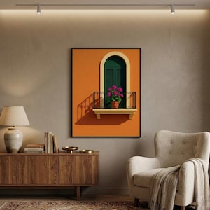 Mediterranean Balcony Wall Art Orange Wall Green Shutters Print | Minimalist Architecture Poster | Travel Photography Decor for Living Room