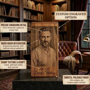 May include: A wooden portrait with an engraved image of a man, with the text "David Sterling Est. 2023". The portrait is displayed on a dark surface. Text labels highlight the engraving details and smooth finish of the wooden block.