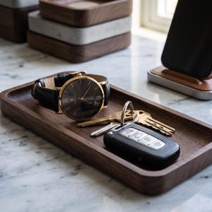 May include: A dark wooden rectangular tray holds a gold-toned watch with a black leather strap, keys, and a car key fob. A smartphone rests on a charging pad. Other wooden trays are stacked in the background.